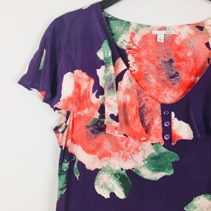 Halogen Plum & Pink Floral Silk Ruffle Yoke Blouse
